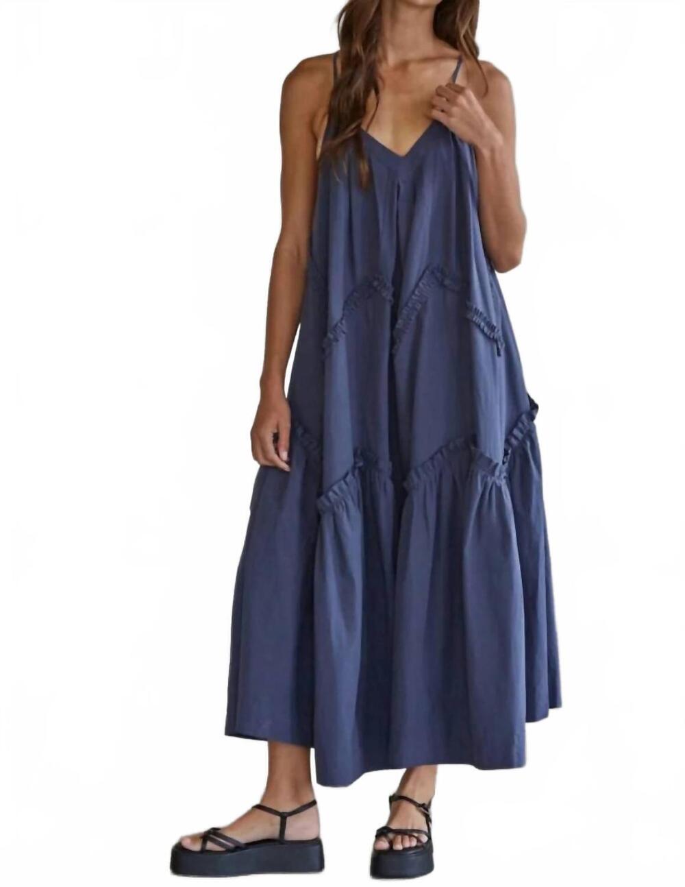 NEW BY TOGETHER woven cotton v-neck ruffle trim detailed maxi dress in dark navy